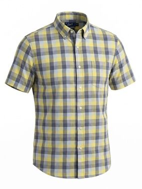 Grayers Gray Yellow Check Button Collar Short Sleeve Shirt‎